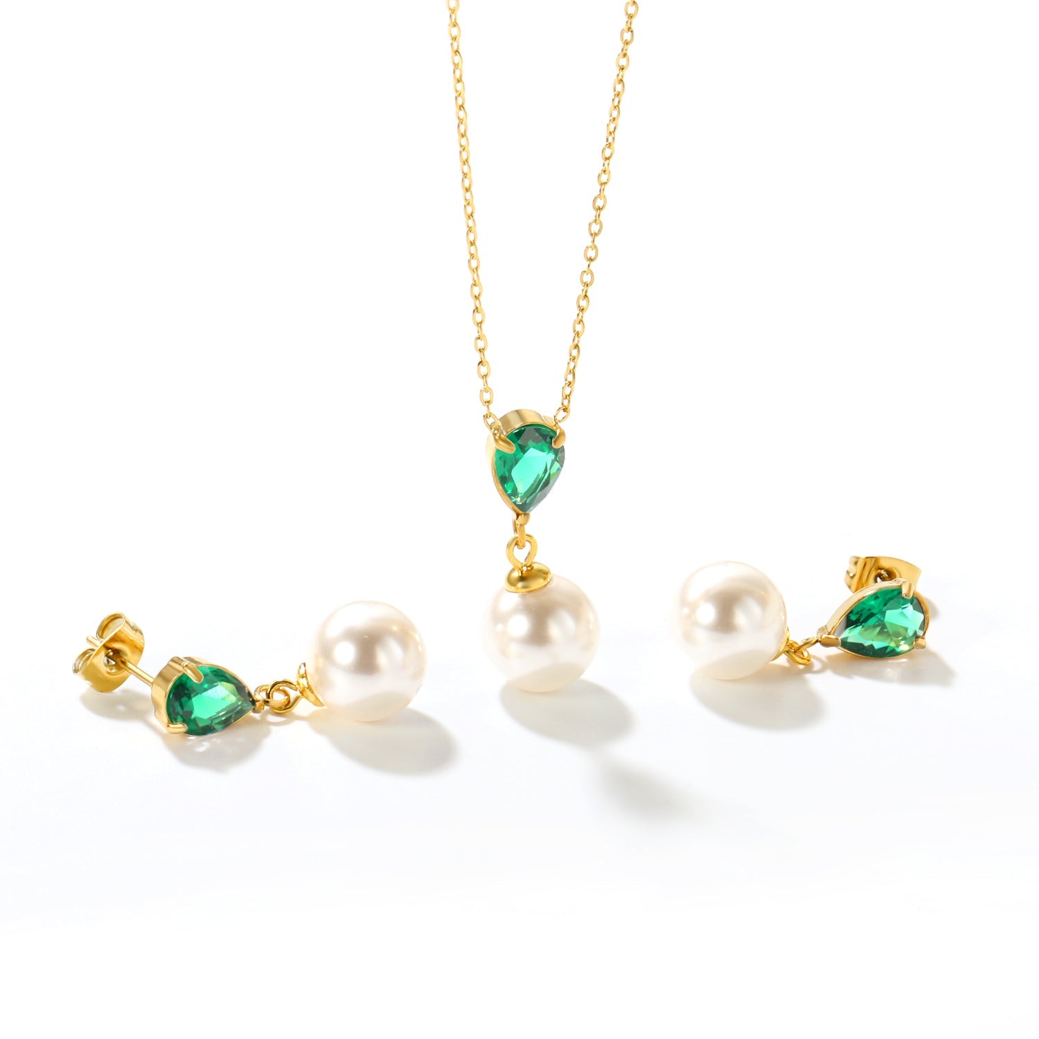 Teardrop-shaped white/pink/emerald zirconia + pearl-set gold stud earrings: Teardrop-shaped white zirconia + pearl stud earrings Pendant: Teardrop-shaped white zirconia + pearl pendant asonjewelry