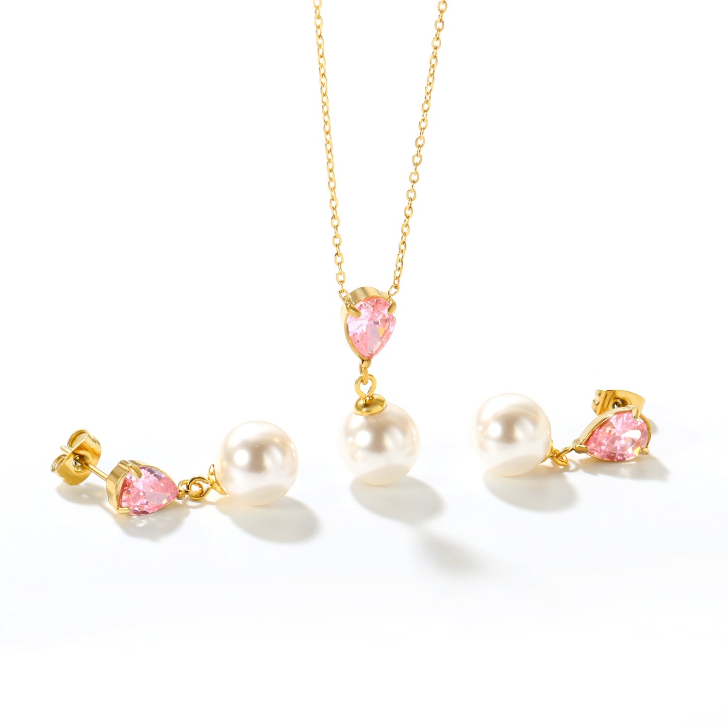 Teardrop-shaped white/pink/emerald zirconia + pearl-set gold stud earrings: Teardrop-shaped white zirconia + pearl stud earrings Pendant: Teardrop-shaped white zirconia + pearl pendant asonjewelry