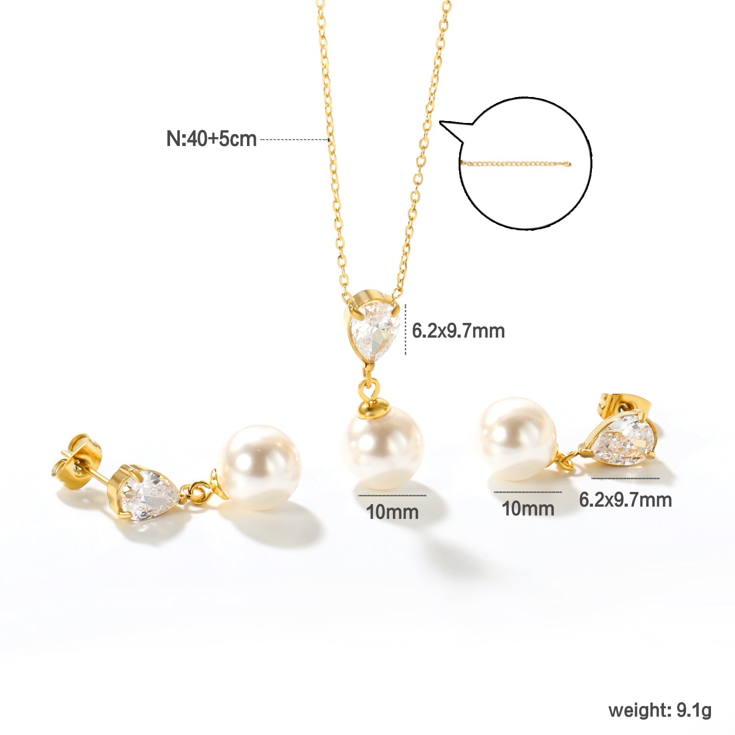 Teardrop-shaped white/pink/emerald zirconia + pearl-set gold stud earrings: Teardrop-shaped white zirconia + pearl stud earrings Pendant: Teardrop-shaped white zirconia + pearl pendant asonjewelry