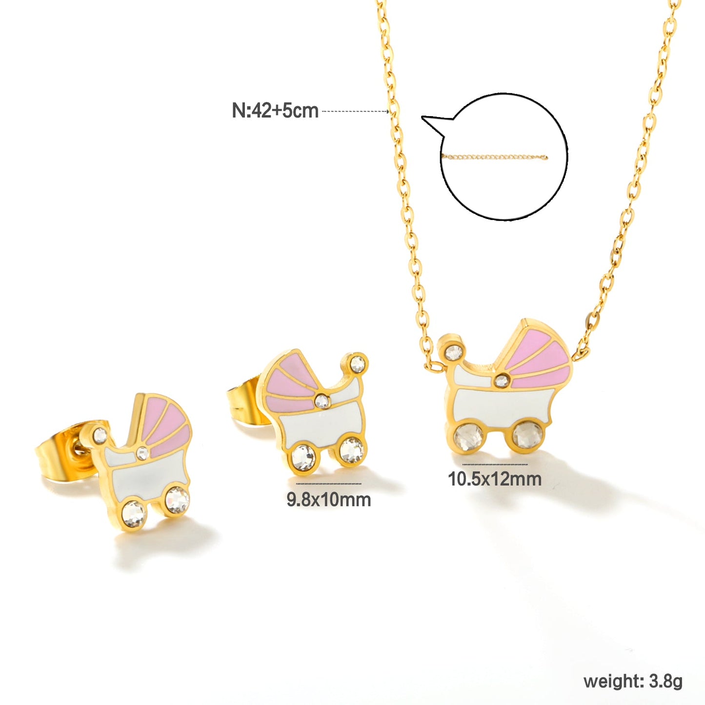 Pink and white rocking bed oil-dripping set with diamonds. Earrings: 9.8 x 10mm. Pendant: 10.5 x 12mm. 0.3mm cross chain 42+5cm + 6mm round pendant. Gold/steel color. asonjewelry