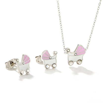 Pink and white rocking bed oil-dripping set with diamonds. Earrings: 9.8 x 10mm. Pendant: 10.5 x 12mm. 0.3mm cross chain 42+5cm + 6mm round pendant. Gold/steel color. asonjewelry