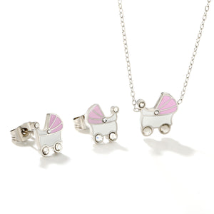 Pink and white rocking bed oil-dripping set with diamonds. Earrings: 9.8 x 10mm. Pendant: 10.5 x 12mm. 0.3mm cross chain 42+5cm + 6mm round pendant. Gold/steel color.