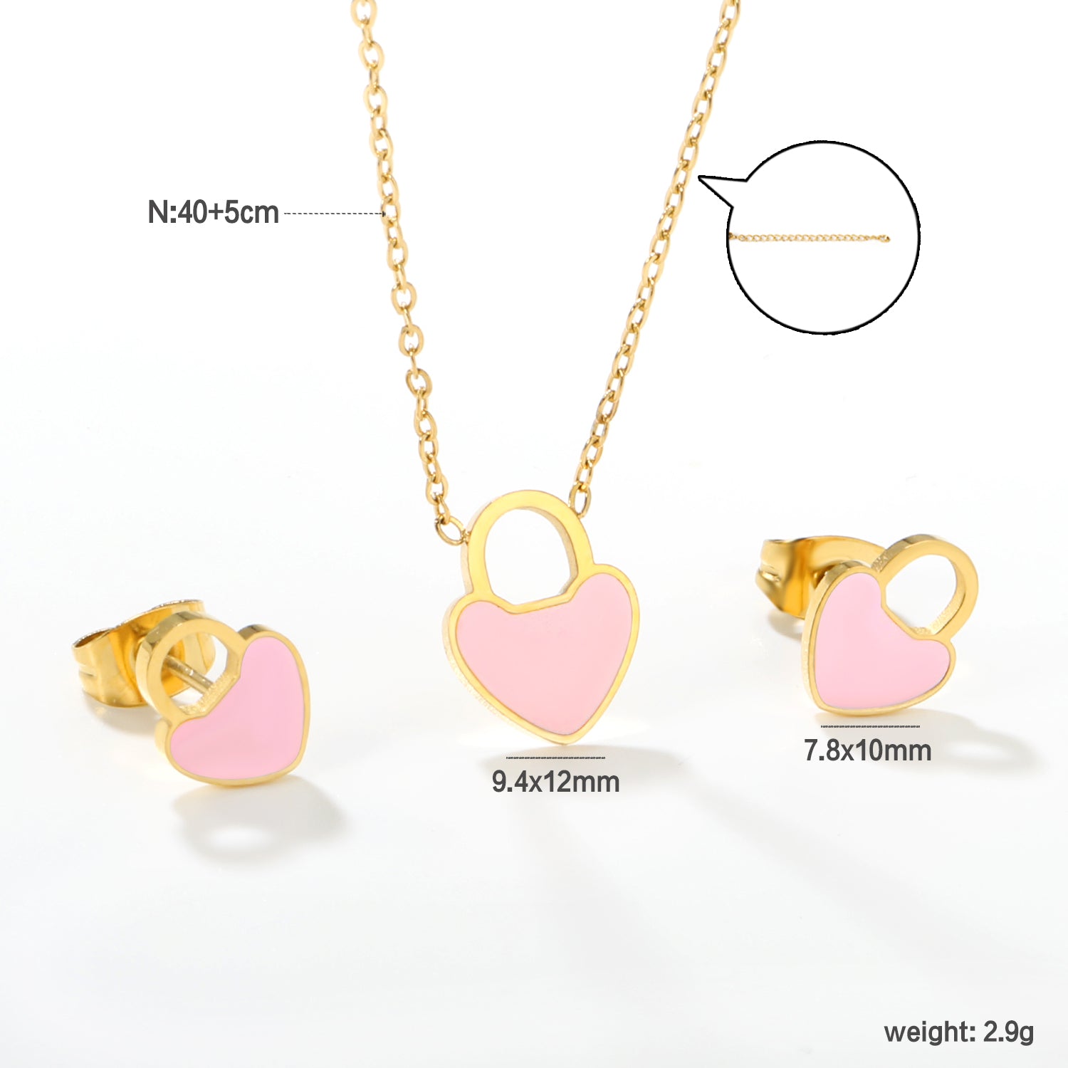 Pink/Light Blue Heart Drip Set Earrings: 7.8 x 10mm Pendant: 9.4 x 12mm 0.3mm Cross Chain 40+5cm + 6mm Round Pendant asonjewelry