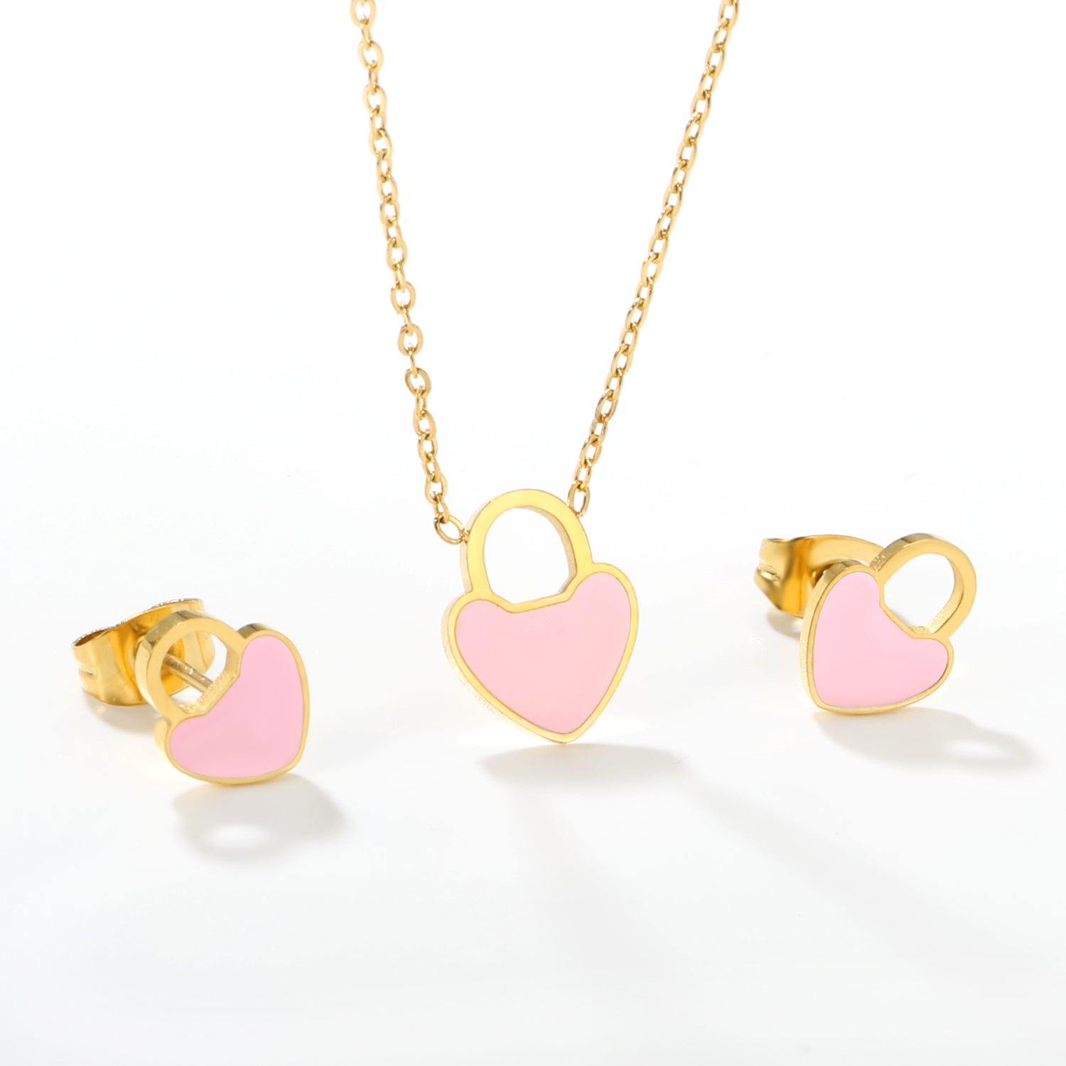 Pink/Light Blue Heart Drip Set Earrings: 7.8 x 10mm Pendant: 9.4 x 12mm 0.3mm Cross Chain 40+5cm + 6mm Round Pendant asonjewelry