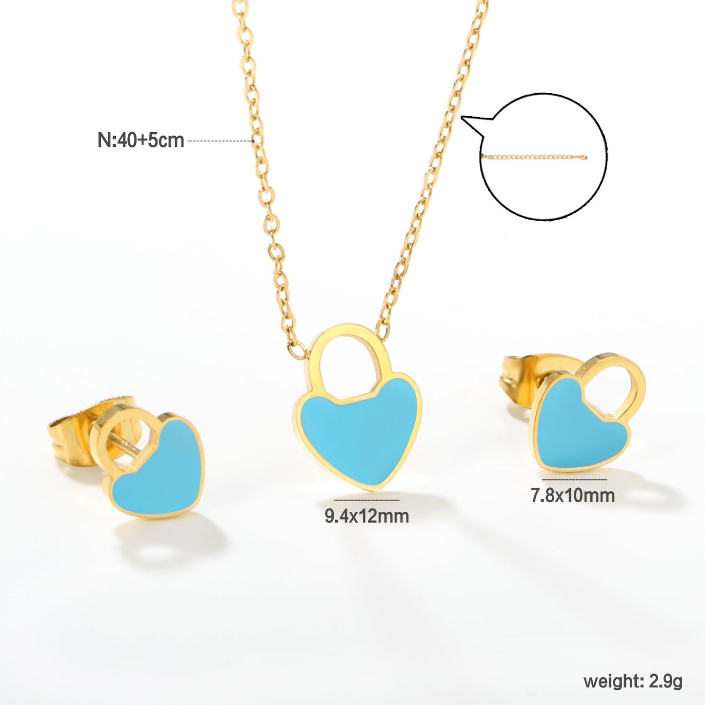 Pink/Light Blue Heart Drip Set Earrings: 7.8 x 10mm Pendant: 9.4 x 12mm 0.3mm Cross Chain 40+5cm + 6mm Round Pendant asonjewelry