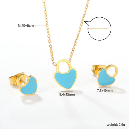 Pink/Light Blue Heart Drip Set Earrings: 7.8 x 10mm Pendant: 9.4 x 12mm 0.3mm Cross Chain 40+5cm + 6mm Round Pendant asonjewelry