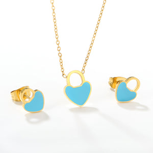 Pink/Light Blue Heart Drip Set Earrings: 7.8 x 10mm Pendant: 9.4 x 12mm 0.3mm Cross Chain 40+5cm + 6mm Round Pendant
