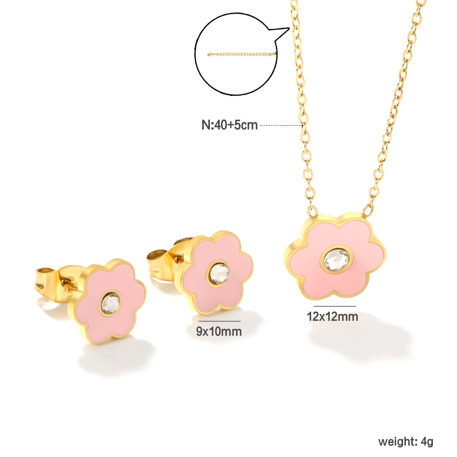 Pink/Light Blue Flower Drip Oil with Diamond Set Gold Earring: 9x10mm Pendant: 12x12mm 0.3mm Cross Chain 40+5cm + 6mm Round Pendant asonjewelry