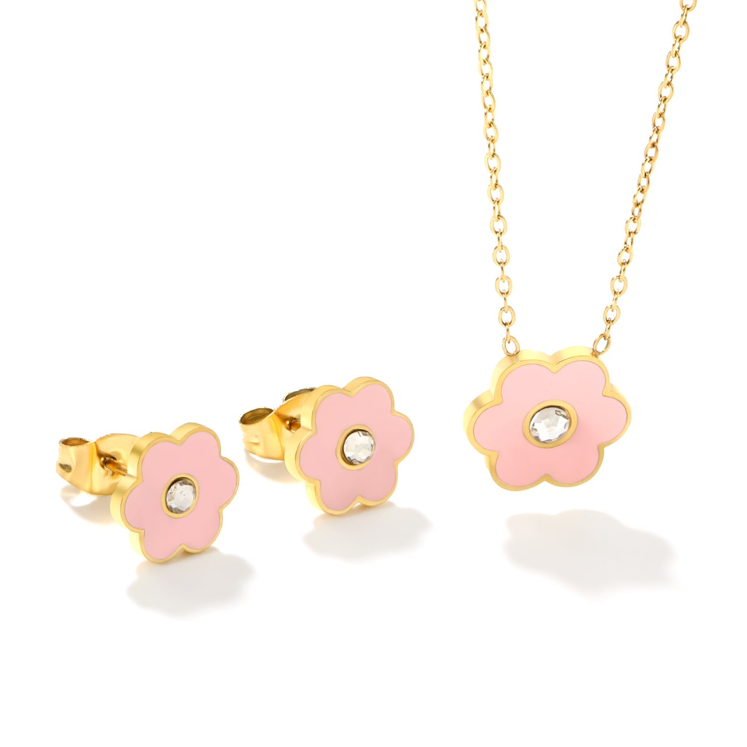 Pink/Light Blue Flower Drip Oil with Diamond Set Gold Earring: 9x10mm Pendant: 12x12mm 0.3mm Cross Chain 40+5cm + 6mm Round Pendant asonjewelry