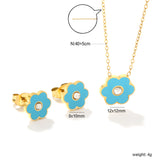 Pink/Light Blue Flower Drip Oil with Diamond Set Gold Earring: 9x10mm Pendant: 12x12mm 0.3mm Cross Chain 40+5cm + 6mm Round Pendant