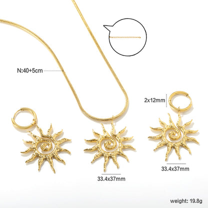 Hollow spiral sun set, gold. Earrings: 2.0 x 12mm. Pendant: 33.4 x 37mm. 2mm spring round snake chain 40+5cm + round pendant. asonjewelry