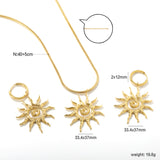 Hollow spiral sun set, gold. Earrings: 2.0 x 12mm. Pendant: 33.4 x 37mm. 2mm spring round snake chain 40+5cm + round pendant.