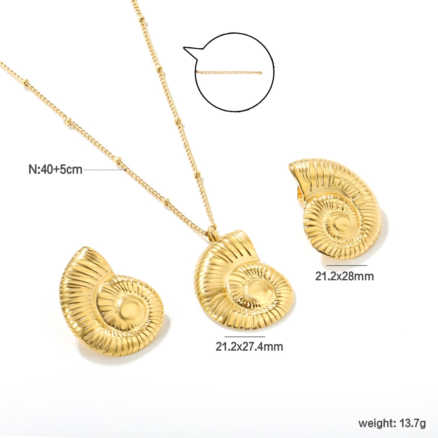 Conch Set   Gold Earring: 21.2x28mm    Pendant: 21.2x27.4mm   0.4 Side Pearl Chain*40+5cm+6mm Round Plaque asonjewelry