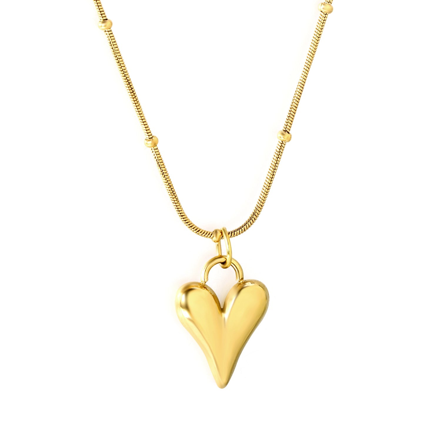 12.2*15mm Pointed Heart Pendant 0.9 Round Snake Bead Chain*40+5cm+6mm Round Plaque Necklace Golden asonjewelry