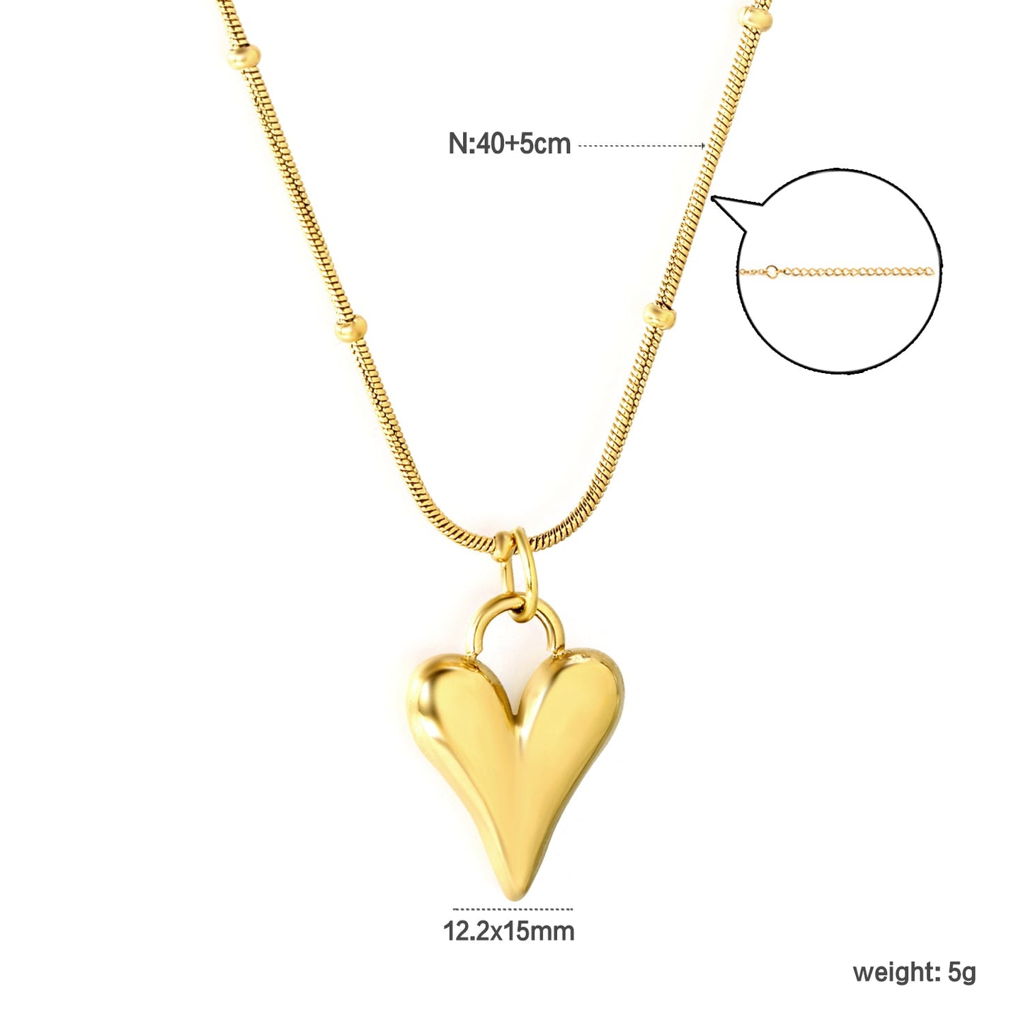 12.2*15mm Pointed Heart Pendant 0.9 Round Snake Bead Chain*40+5cm+6mm Round Plaque Necklace Golden asonjewelry