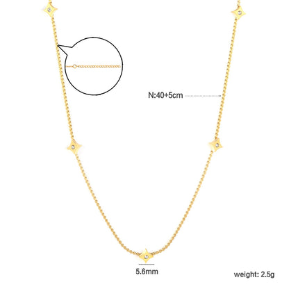 5.6mm Four-pointed Star Sticky White Zirconium Accessory 1.1mm S Chain*40+5cm+6mm Round Plaque Necklace Golden asonjewelry