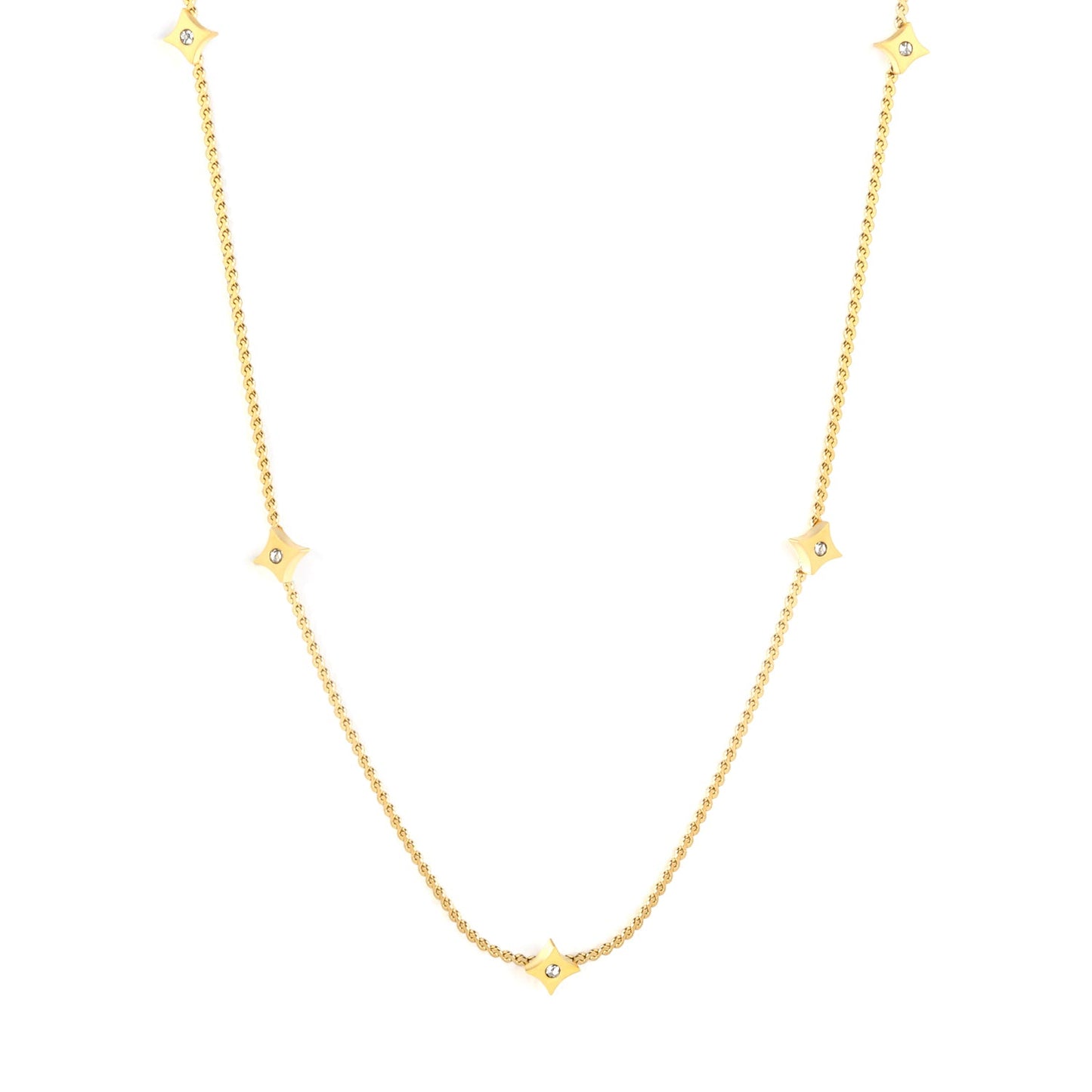 5.6mm Four-pointed Star Sticky White Zirconium Accessory 1.1mm S Chain*40+5cm+6mm Round Plaque Necklace Golden asonjewelry