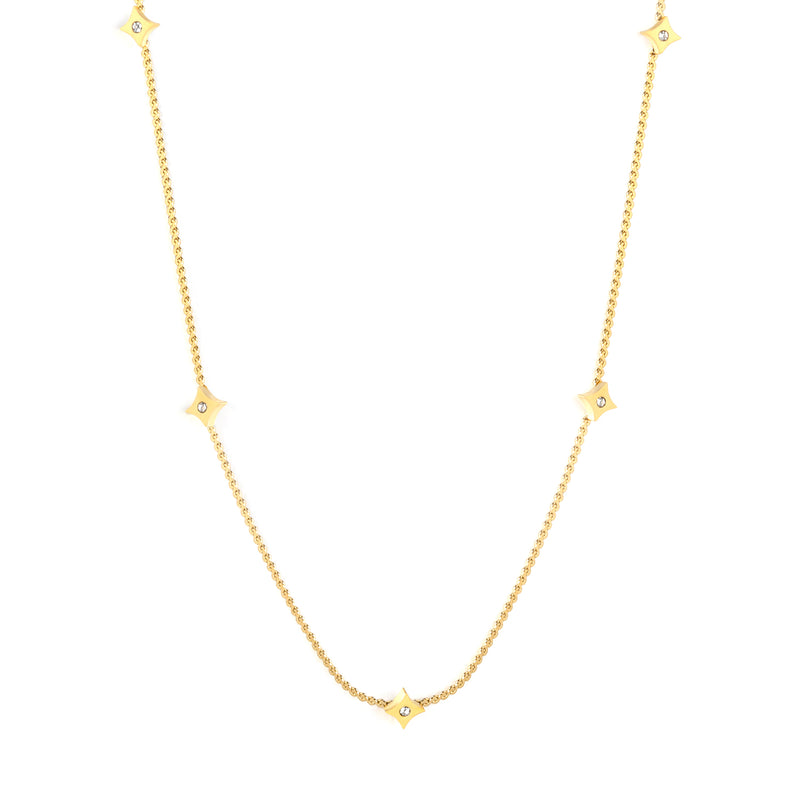 5.6mm Four-pointed Star Sticky White Zirconium Accessory 1.1mm S Chain*40+5cm+6mm Round Plaque Necklace Golden