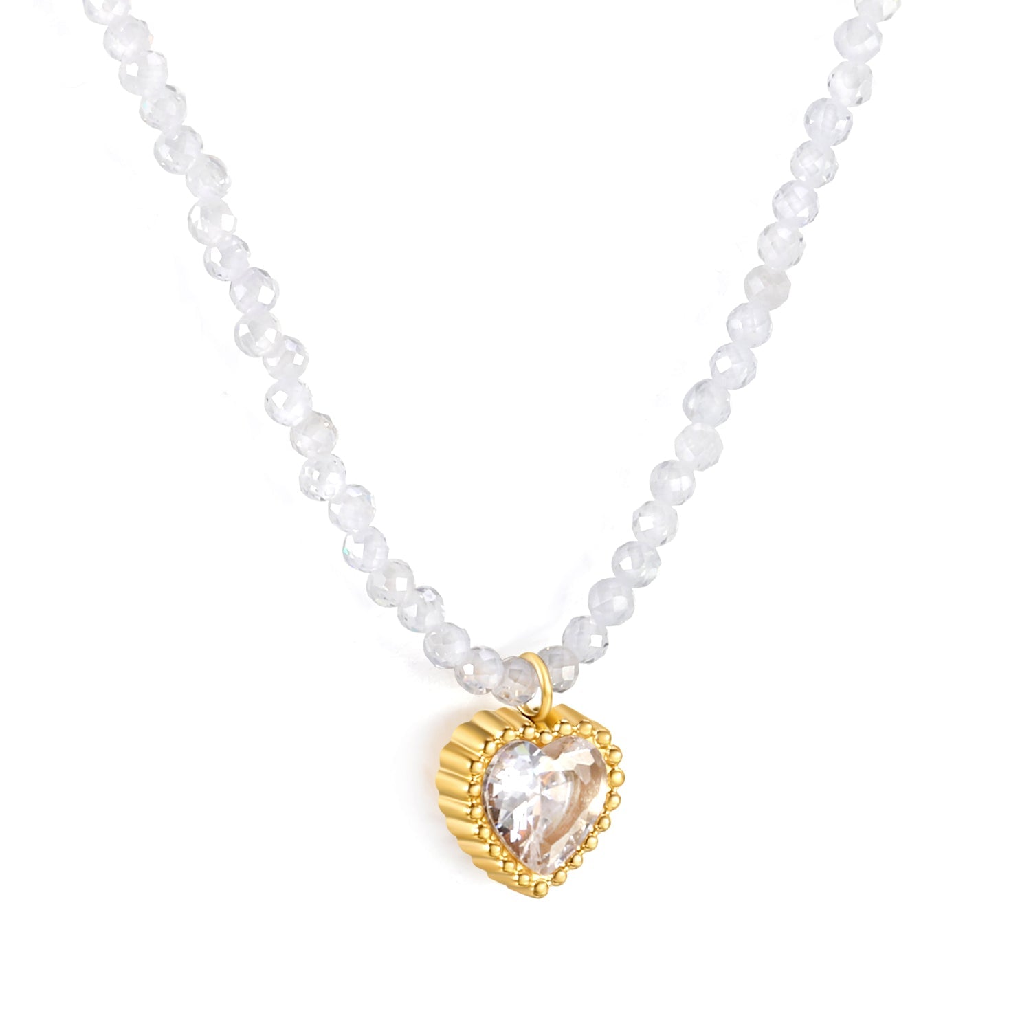 8.5*8.6mm Bead Edge Heart Shape Sticky White/Black/Purple/Red/Pink Zircon Pendant 2mm White Beads*40+5cm+6mm Round Plaque Necklace Gold Color asonjewelry