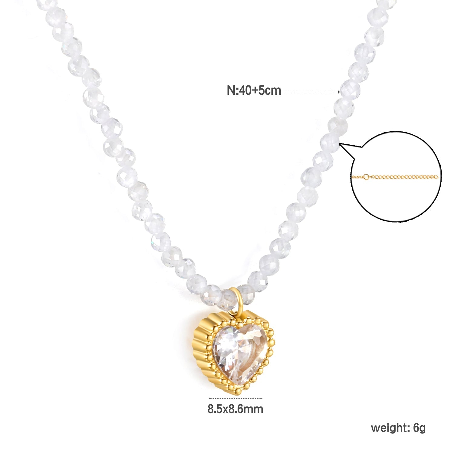 8.5*8.6mm Bead Edge Heart Shape Sticky White/Black/Purple/Red/Pink Zircon Pendant 2mm White Beads*40+5cm+6mm Round Plaque Necklace Gold Color asonjewelry