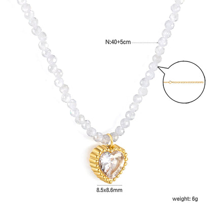 8.5*8.6mm Bead Edge Heart Shape Sticky White/Black/Purple/Red/Pink Zircon Pendant 2mm White Beads*40+5cm+6mm Round Plaque Necklace Gold Color asonjewelry