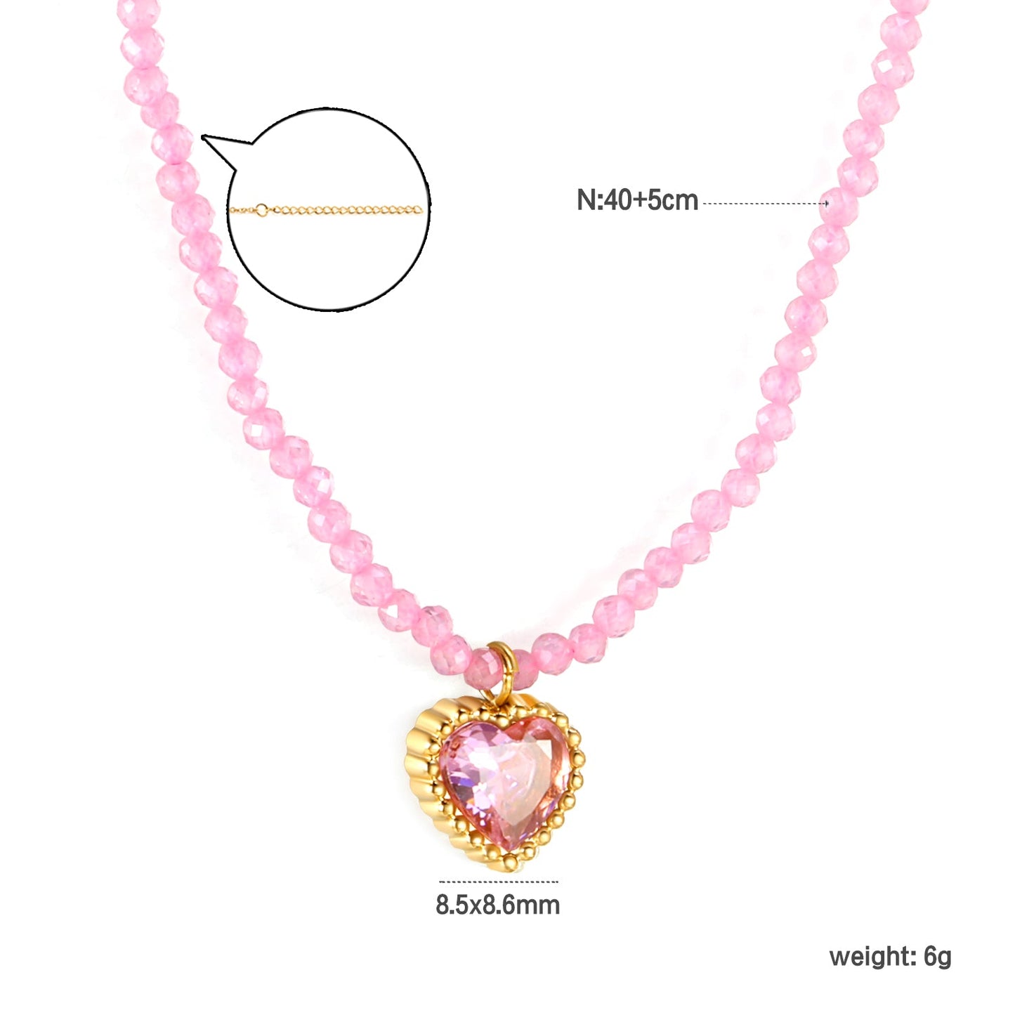 8.5*8.6mm Bead Edge Heart Shape Sticky White/Black/Purple/Red/Pink Zircon Pendant 2mm White Beads*40+5cm+6mm Round Plaque Necklace Gold Color asonjewelry