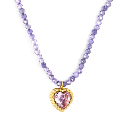 8.5*8.6mm Bead Edge Heart Shape Sticky White/Black/Purple/Red/Pink Zircon Pendant 2mm White Beads*40+5cm+6mm Round Plaque Necklace Gold Color asonjewelry