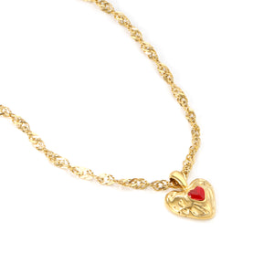 15.6*20mm lava heart white/red diamond pendant 3mm water wave chain 40+5cm + 6mm round tag necklace Gold color