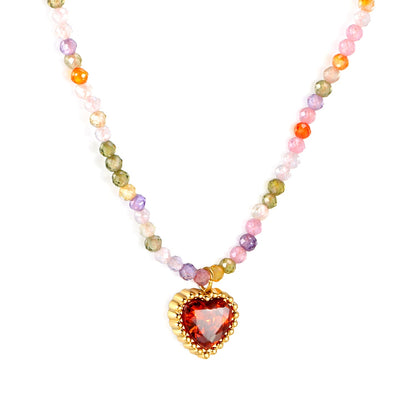 8.5*8.6mm Bead Edge Heart Shape Sticky White/Black/Purple/Red/Pink Zircon Pendant 2mm White Beads*40+5cm+6mm Round Plaque Necklace Gold Color asonjewelry