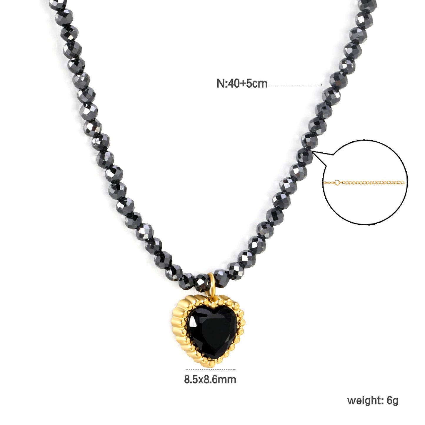 8.5*8.6mm Bead Edge Heart Shape Sticky White/Black/Purple/Red/Pink Zircon Pendant 2mm White Beads*40+5cm+6mm Round Plaque Necklace Gold Color asonjewelry