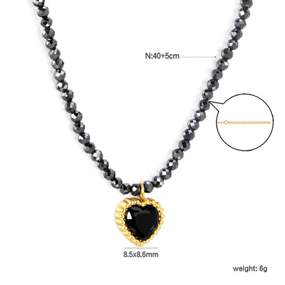 8.5*8.6mm Bead Edge Heart Shape Sticky White/Black/Purple/Red/Pink Zircon Pendant 2mm White Beads*40+5cm+6mm Round Plaque Necklace Gold Color asonjewelry