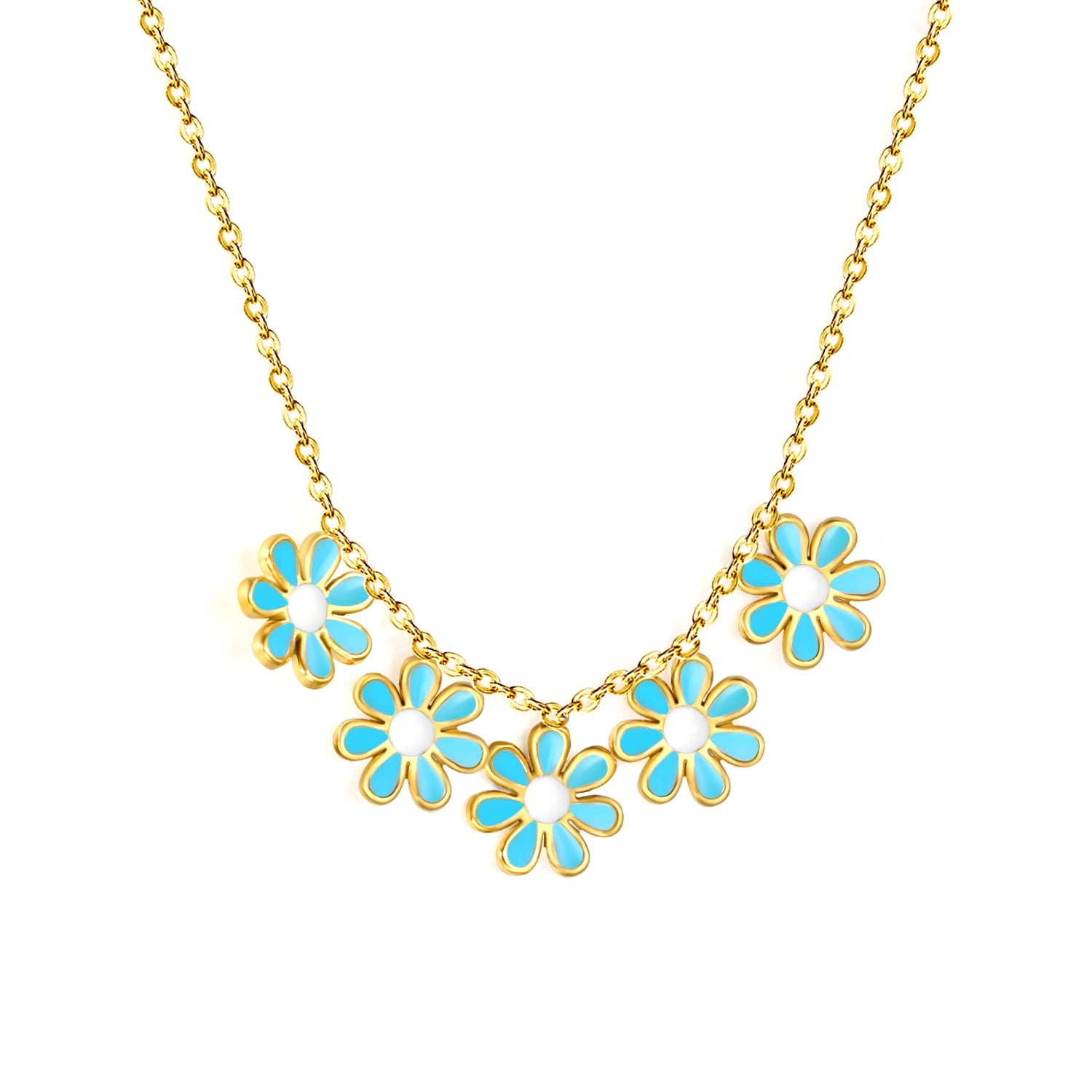 7.8mm six-petal flower white/purple/blue oil drip accessories 0.3 cross chain *40+5cm+6mm round plate necklace gold color asonjewelry
