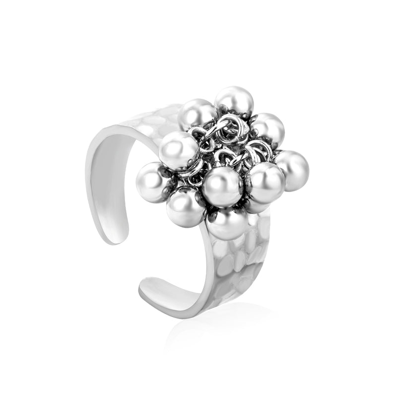 9.4mm high, color-matched French-style fringed round bead open ring, steel color, interwoven gold