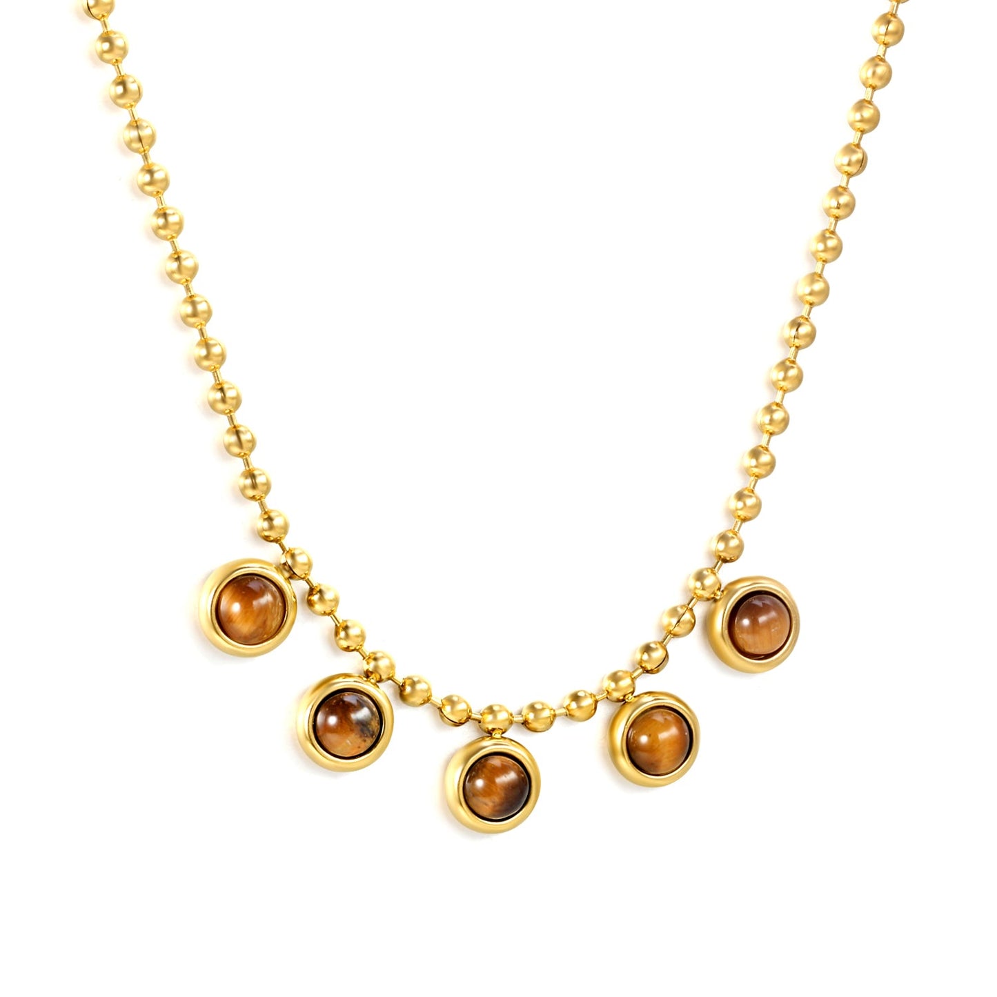 6mm round tiger's eye stone accessories 2mm bead chain *40+5cm+6mm round plate necklace Golden asonjewelry