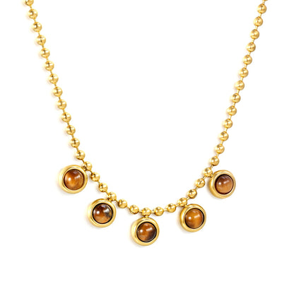 6mm round tiger's eye stone accessories 2mm bead chain *40+5cm+6mm round plate necklace Golden asonjewelry