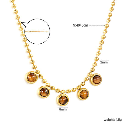 6mm round tiger's eye stone accessories 2mm bead chain *40+5cm+6mm round plate necklace Golden asonjewelry