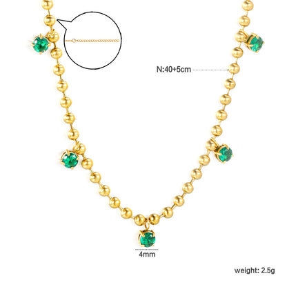 4mm Round Emerald Zirconia Accessories 3mm Bead Chain*40+5cm+6mm Round Plaque Necklace Golden asonjewelry
