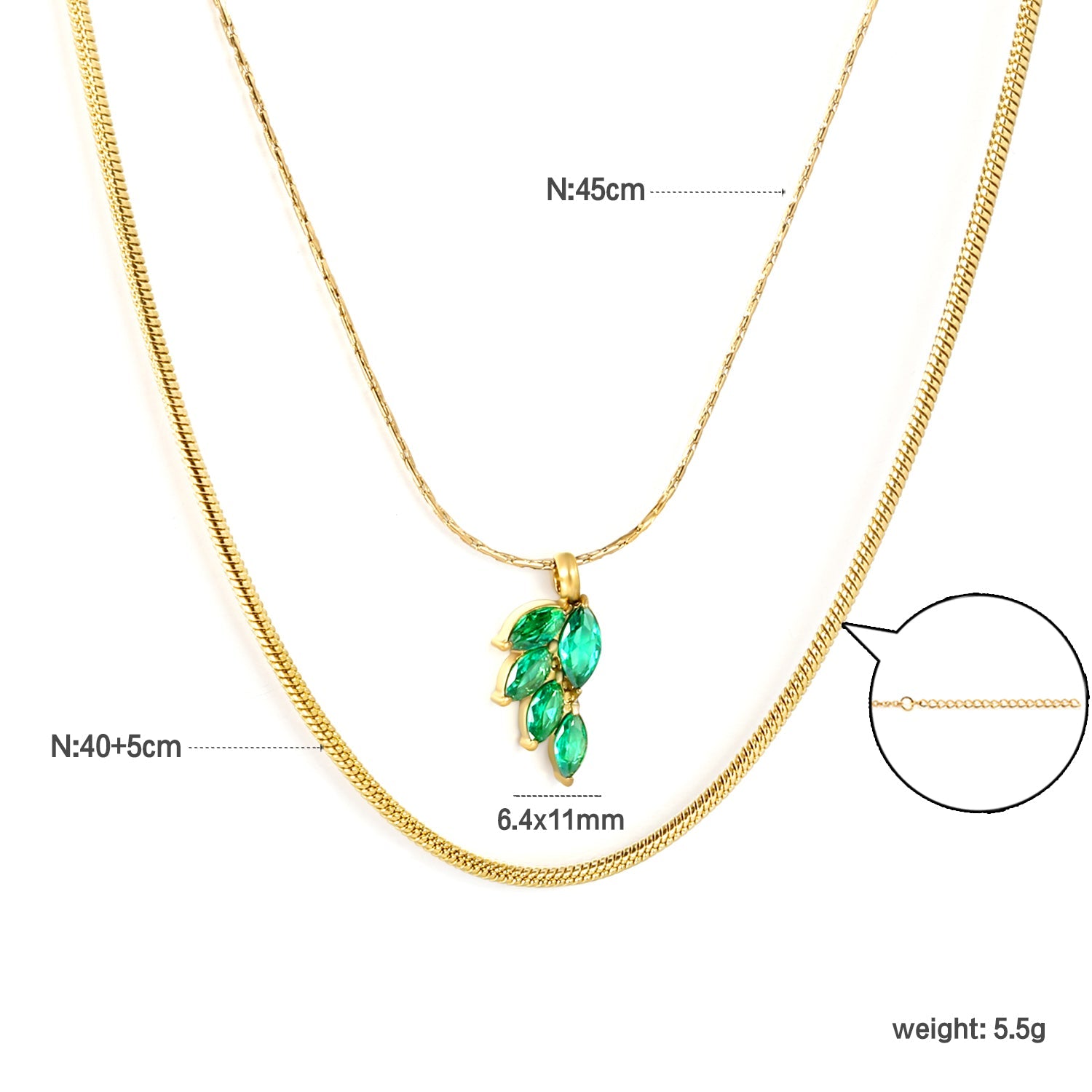 6.4*11mm Leaf with Green Zirconium Pendant 1.2 Round Snake*45cm0.6 Cross Hammered Round Chain*40cm+5cm+6mm Round Plaque Double Chain Necklace Gold asonjewelry