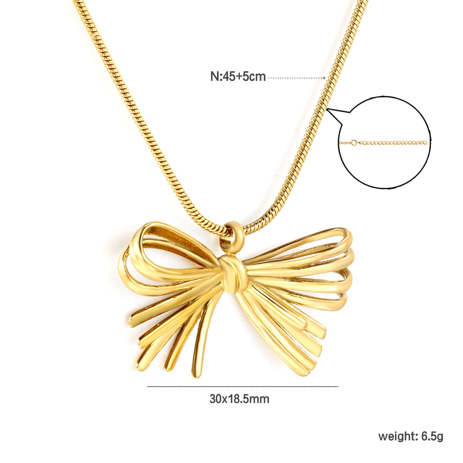 30*18.5mm bow pendant 1.2mm round snake*45+5cm+6mm round plate necklace gold color asonjewelry