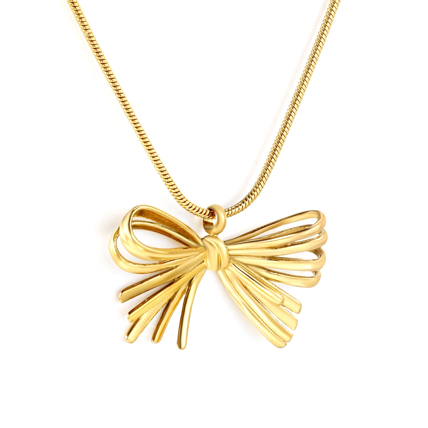 30*18.5mm bow pendant 1.2mm round snake*45+5cm+6mm round plate necklace gold color asonjewelry