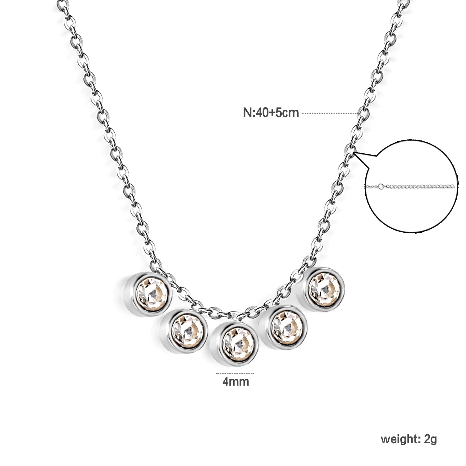 4mm Cylindrical white zirconium accessories 0.3 cross chain *40+5cm+6mm round plate necklace steel color/golden asonjewelry