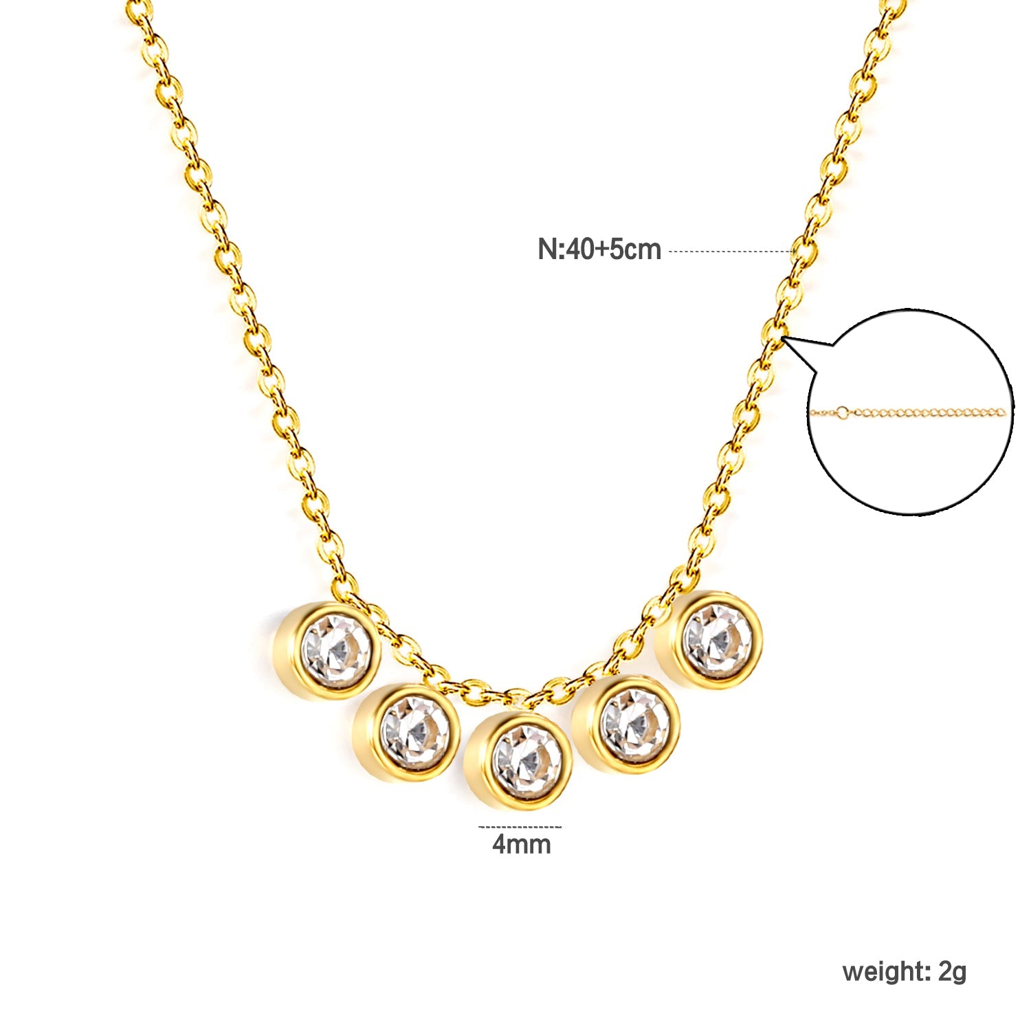 4mm Cylindrical white zirconium accessories 0.3 cross chain *40+5cm+6mm round plate necklace steel color/golden asonjewelry