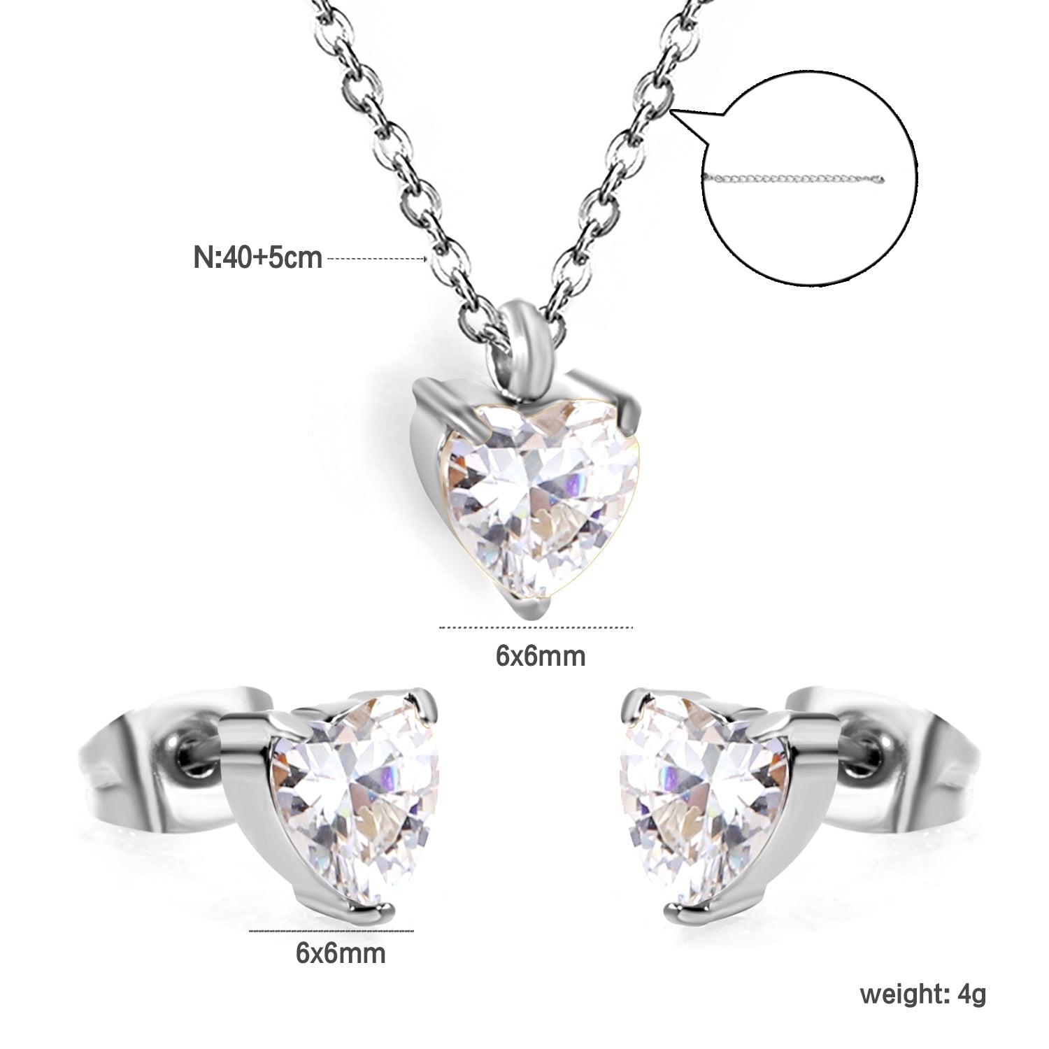 Heart-Shaped Zirconia Set Gold/Steel Earrings: 6mm Pendant: 6mm 0.3mm Cross Chain 40+5cm + 6mm Round Tag asonjewelry