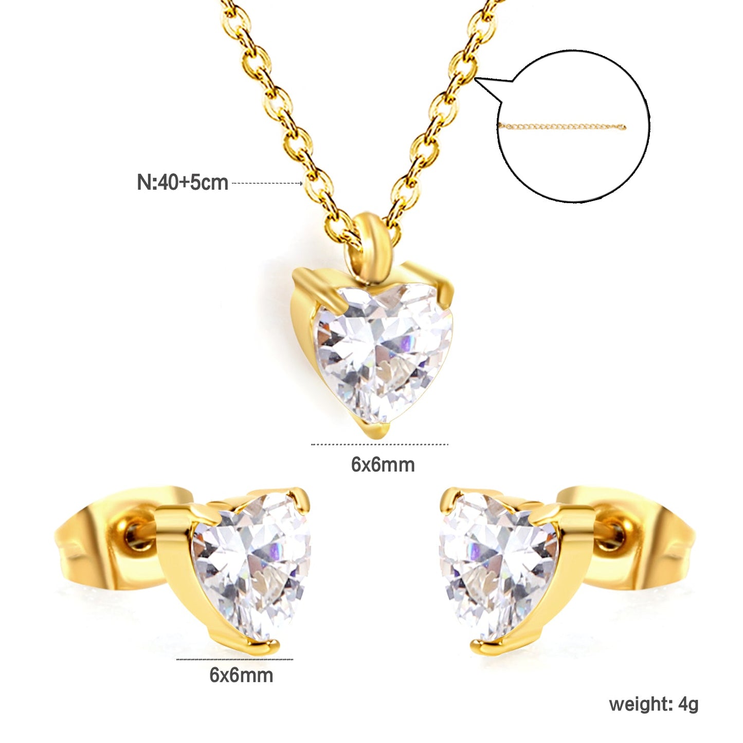 Heart-Shaped Zirconia Set Gold/Steel Earrings: 6mm Pendant: 6mm 0.3mm Cross Chain 40+5cm + 6mm Round Tag asonjewelry