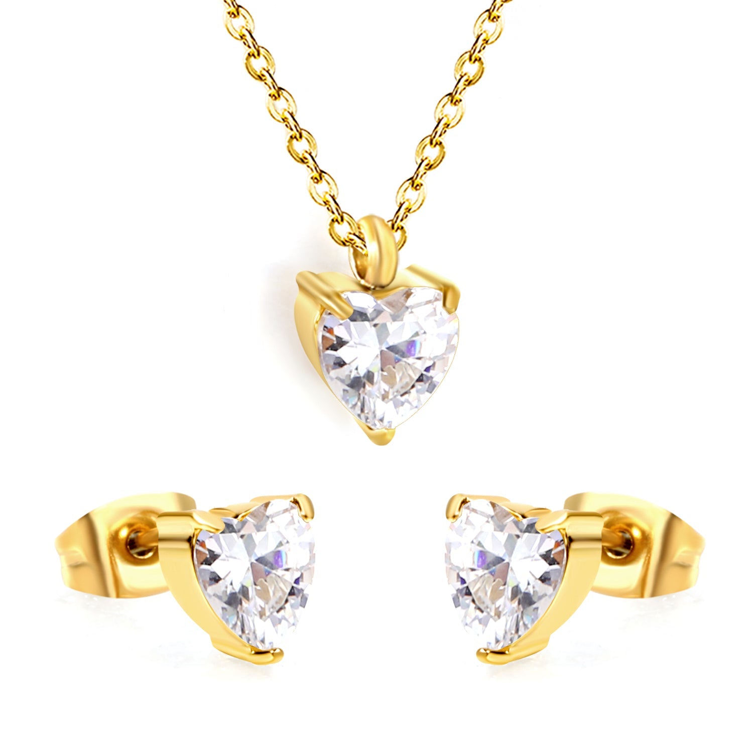 Heart-Shaped Zirconia Set Gold/Steel Earrings: 6mm Pendant: 6mm 0.3mm Cross Chain 40+5cm + 6mm Round Tag asonjewelry