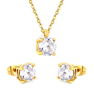 Round Zirconia Set Gold/Steel Earrings: 7mm Pendant: 7mm 0.3mm Cross Chain 40+5cm + 6mm Round Tag