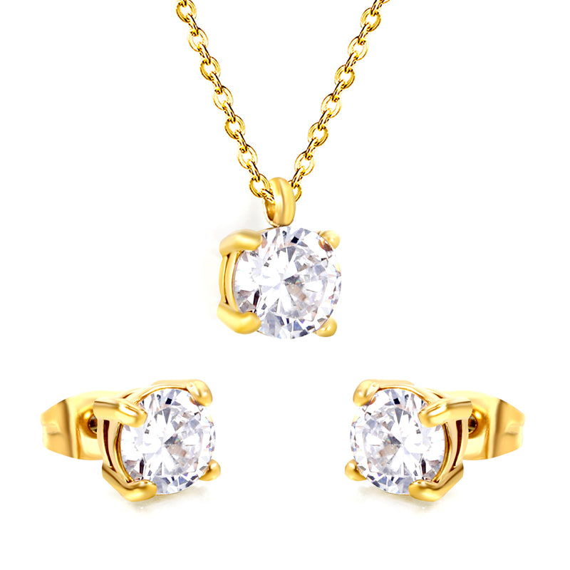 Round Zirconia Set Gold/Steel Earrings: 7mm Pendant: 7mm 0.3mm Cross Chain 40+5cm + 6mm Round Tag