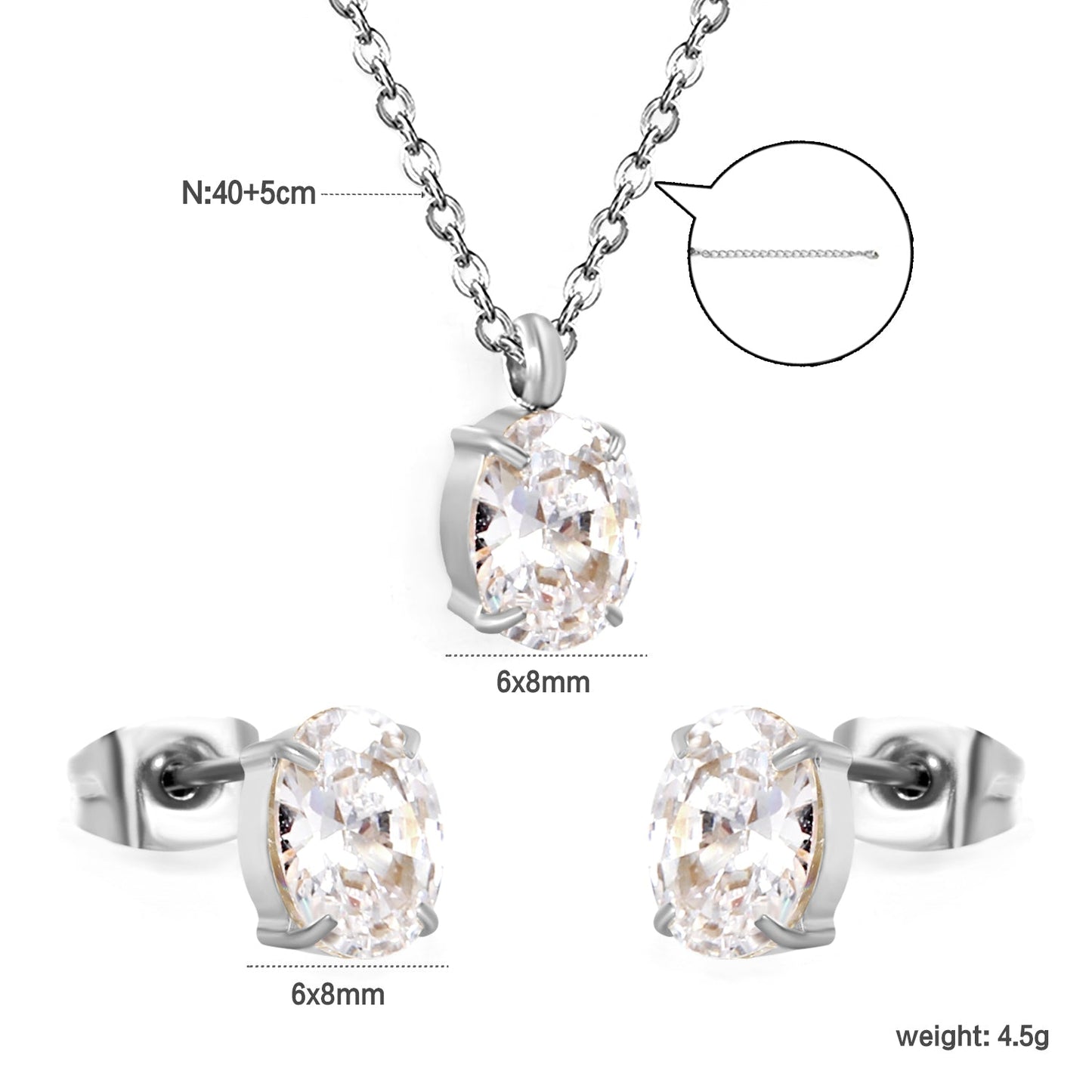 Oval Zirconia Set Gold/Steel Tone Studs: 6*8mm Pendant: 6*8mm 0.3ct Cross Chain 40+5cm + 6mm Round Tag asonjewelry