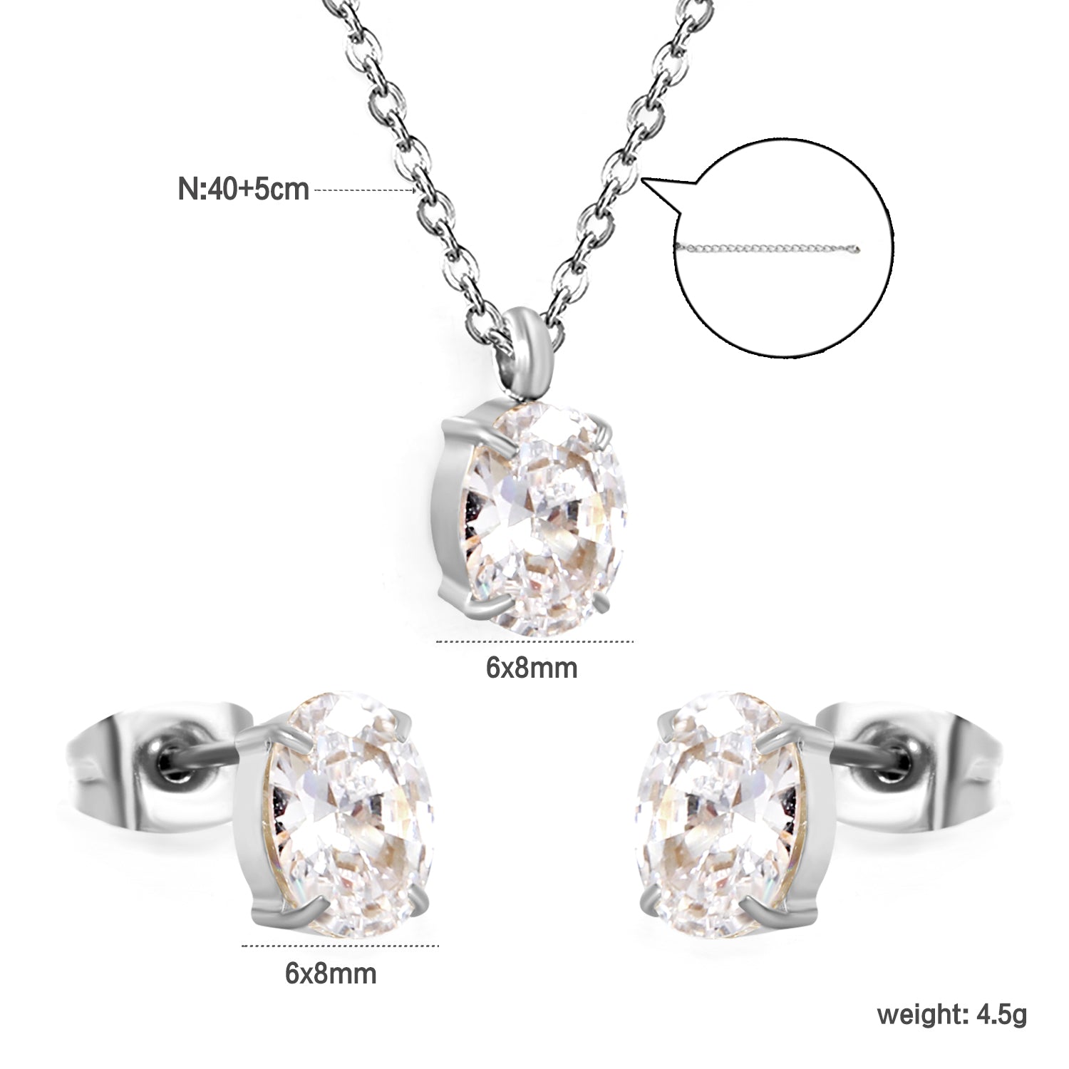 Oval Zirconia Set Gold/Steel Tone Studs: 6*8mm Pendant: 6*8mm 0.3ct Cross Chain 40+5cm + 6mm Round Tag asonjewelry