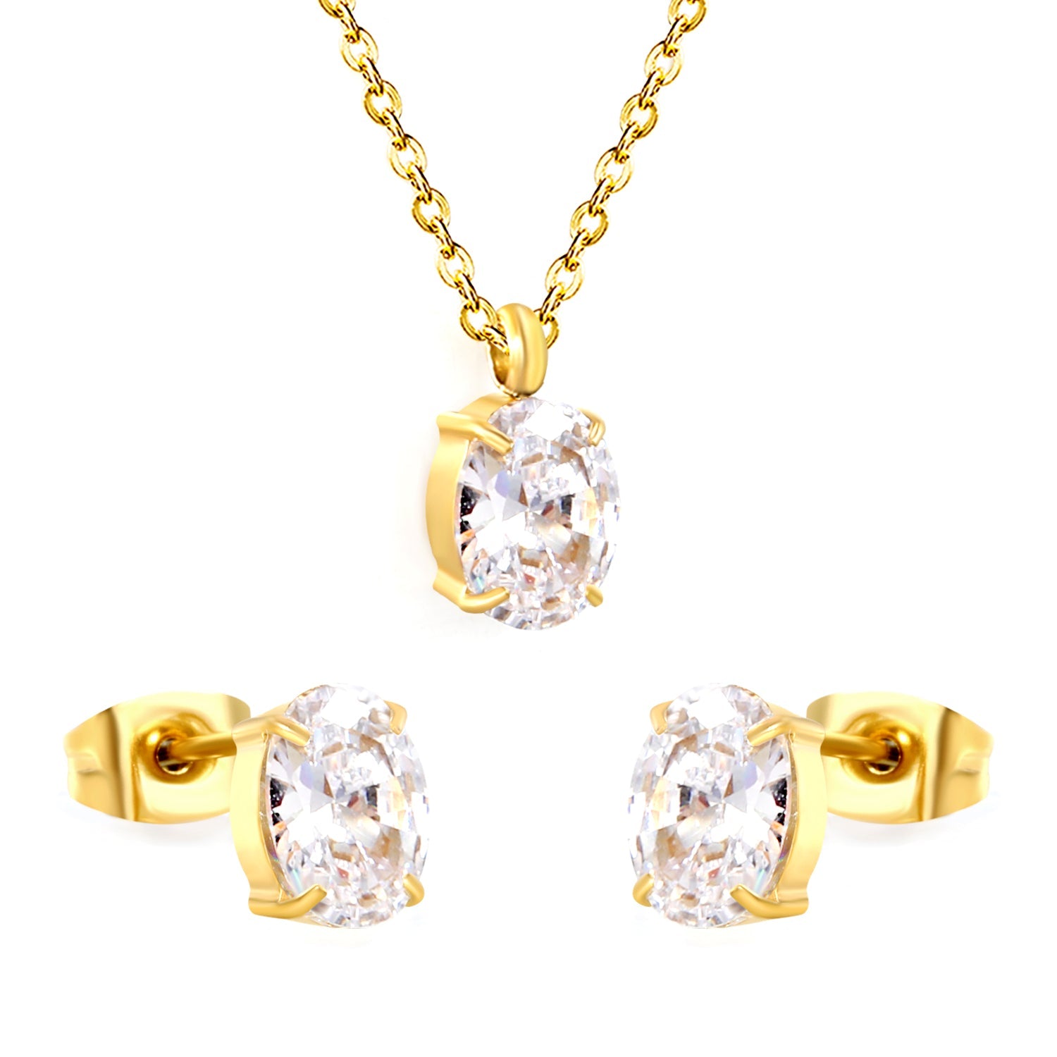Oval white zirconium set Gold-colored earrings: 6*8mm Pendant: 6*8mm 0.3 cross chain *40+5cm+6mm round plate asonjewelry